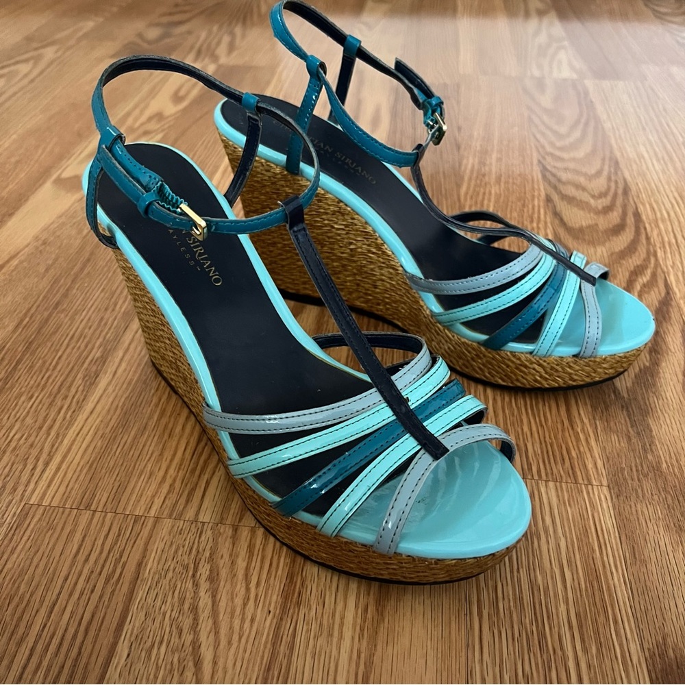 Christian Siriano for Payless wedge‎ Strappy sandals sz 9.5 turquoise t strap - Picture 2 of 14
